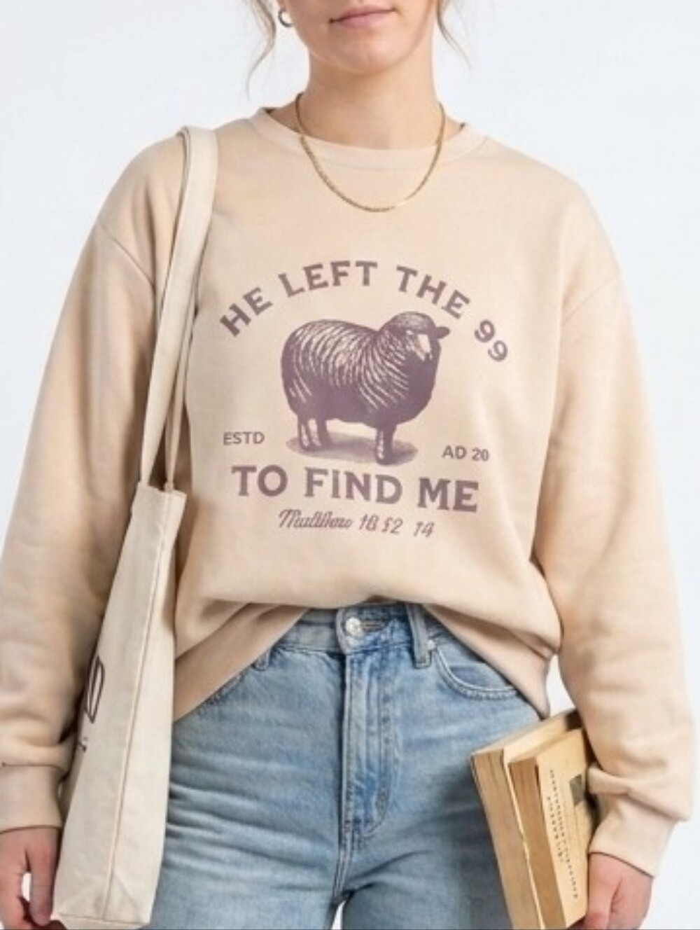 Christian Sweatshirt "He Left The 99" Matthew 18:12 Oversized Graphic Crewneck S